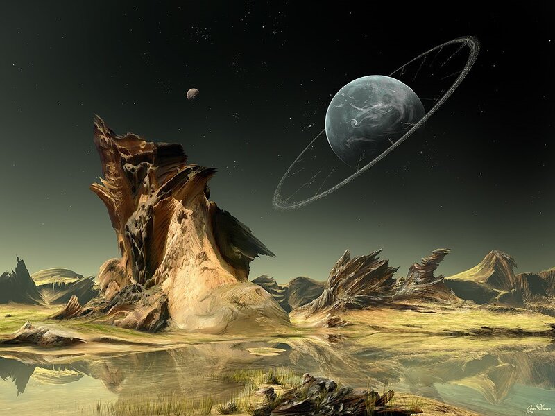 Alien Planet Landscape — Brown, Dramatic, Night, Digital Art, Planet with Rings, Moon, Rock Formations