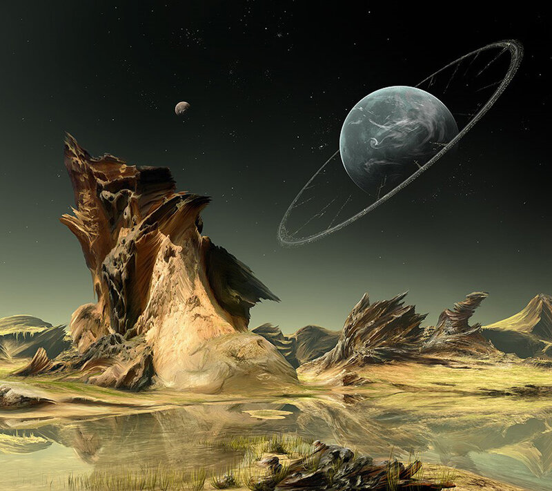 Alien Planet Landscape — Brown, Dramatic, Night, Digital Art, Planet with Rings, Moon