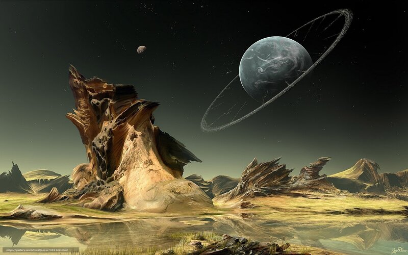 Alien Planet Landscape — Brown, Dramatic, Night, Digital Art, Planet with Rings, Rock Formation