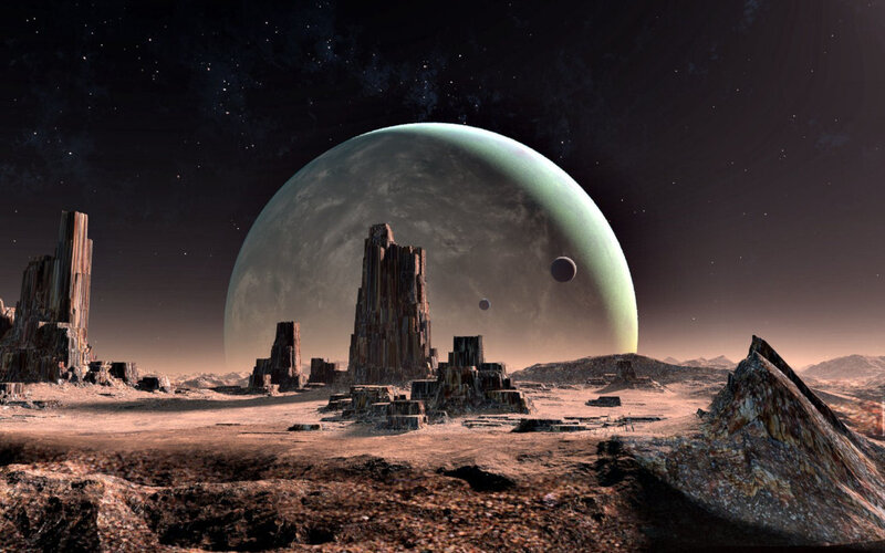 Alien Planet Landscape — Brown, Dramatic, Night, Digital Art, Rock Formations