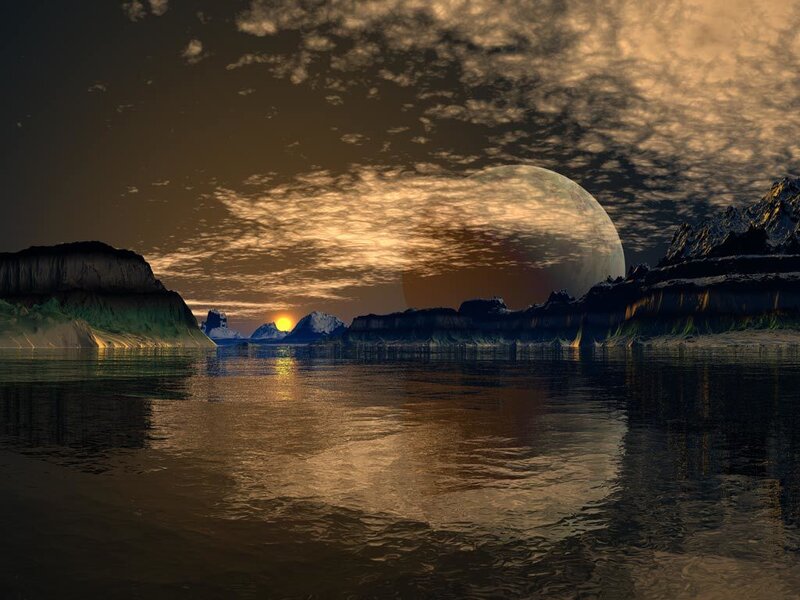 Alien Planet Landscape — Brown, Dramatic, Sunset, 3d Render, Moon