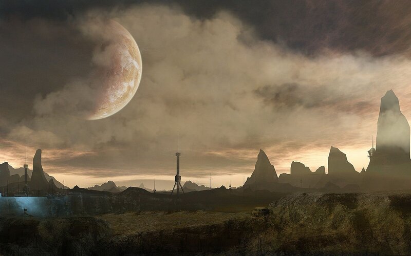 Alien Planet Landscape — Brown, Dramatic, Sunset, Digital Art, Moon, Rock Formations