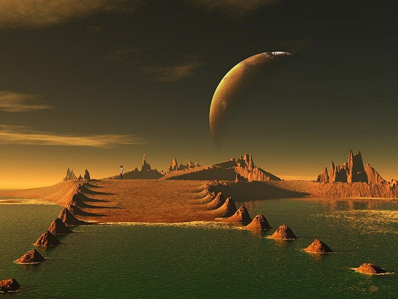 Alien Planet Landscape — Brown, Dramatic, Sunset, Digital Art, Moon