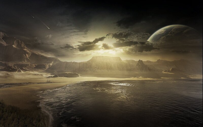 Alien Planet Landscape — Brown, Dramatic, Sunset, Digital Art, Mountains, Ocean, Meteor