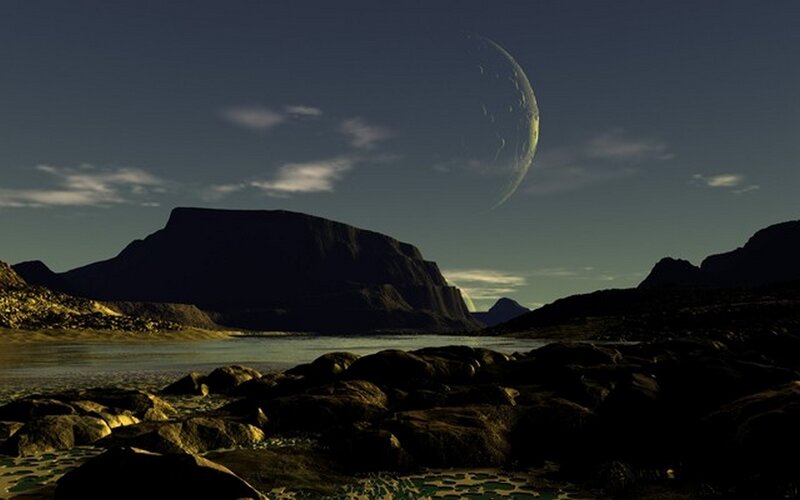 Alien Planet Landscape — Dark Blue, Dramatic, Night