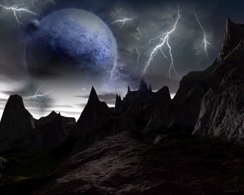 Alien Planet Landscape — Dark Gray, Dramatic, Night