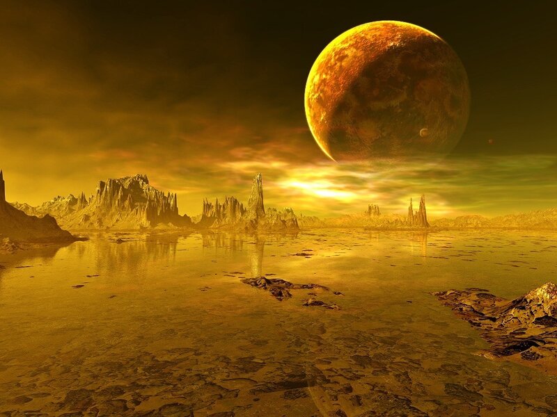 Alien Planet Landscape — Gold, Dramatic, Sunset, Digital Art, Moon, Rock Formations