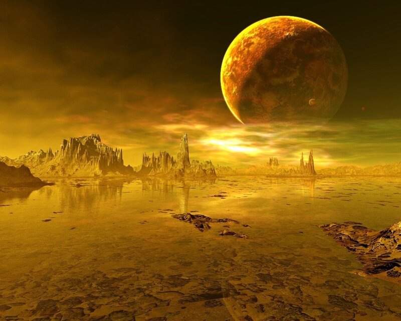 Alien Planet Landscape — Gold, Dramatic, Sunset, Digital Art, Moon