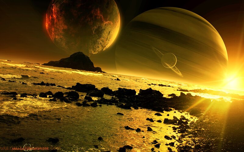 Alien Planet Landscape — Gold, Dramatic, Sunset, Digital Art, Planets