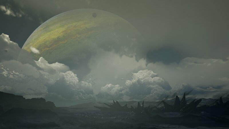 Alien Planet Landscape — Gray, Dramatic, Digital Art, Clouds