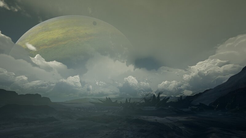 Alien Planet Landscape — Gray, Dramatic, Digital Art