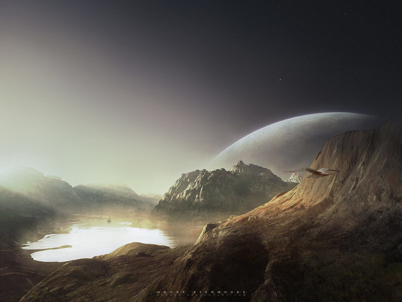 Alien Planet Landscape — Gray, Dramatic, Night, Digital Art, Mountain