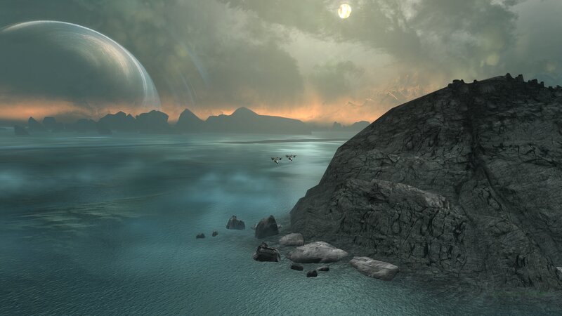 Alien Planet Landscape — Gray, Dramatic, Sunset
