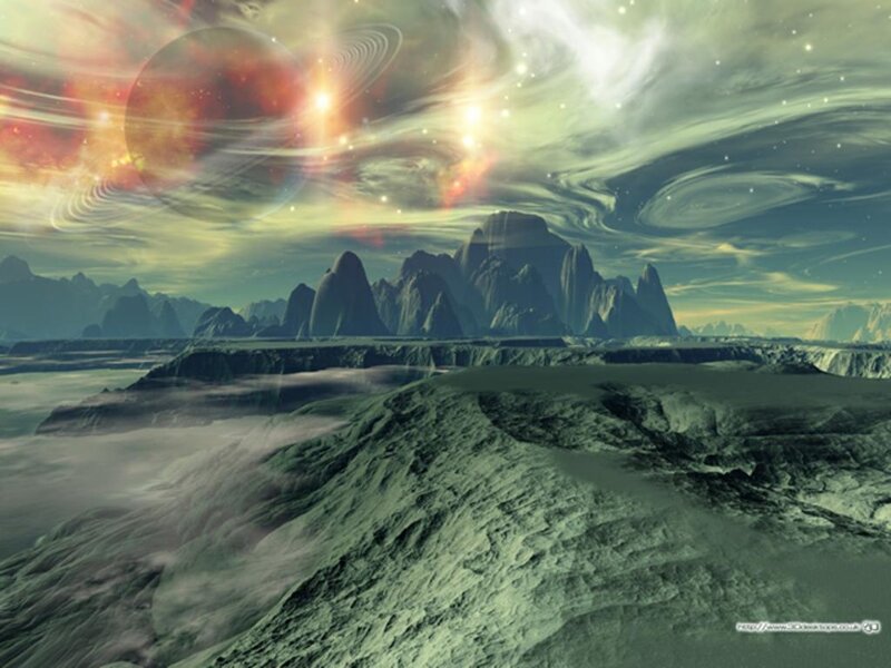 Alien Planet Landscape — Green, Dramatic, Digital Art, Mountains, Planets, Stars