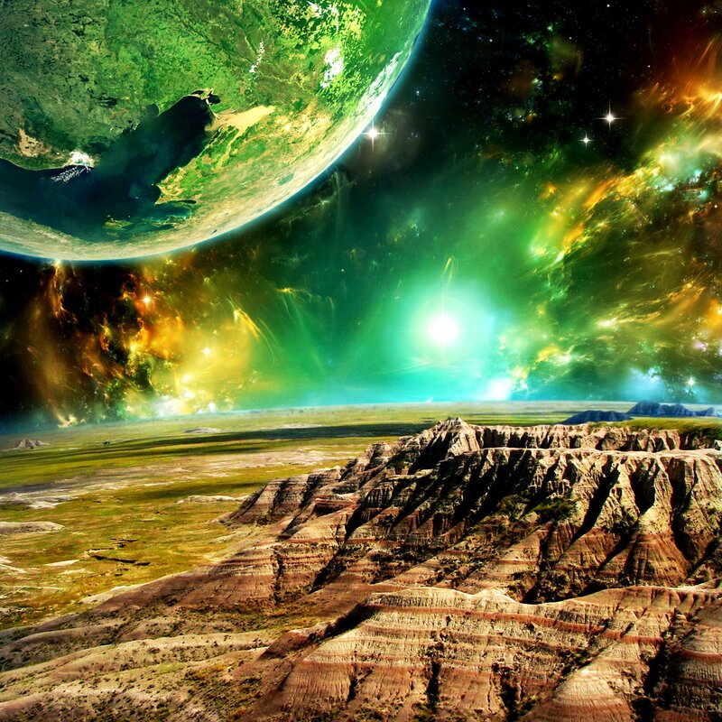 Alien Planet Landscape — Green, Dramatic, Digital Art, Nebula