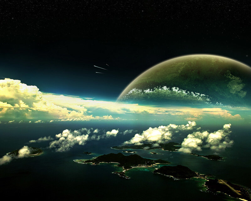 Alien Planet Landscape — Green, Dramatic, Digital Art