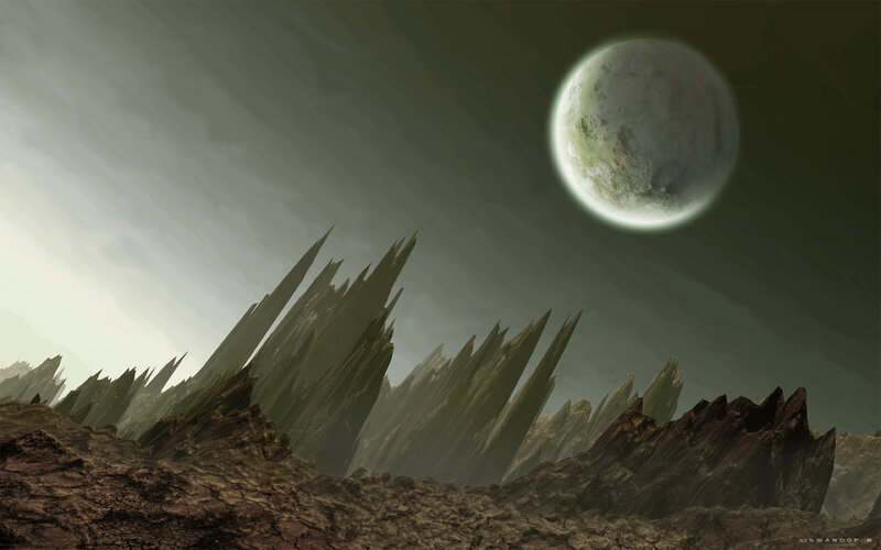 Alien Planet Landscape — Green, Dramatic, Night, Digital Art, Moon, Mountains