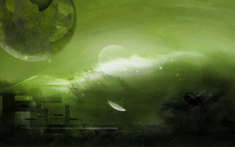 Alien Planet Landscape — Green, Dramatic, Night, Digital Art, Moon, Spacecraft