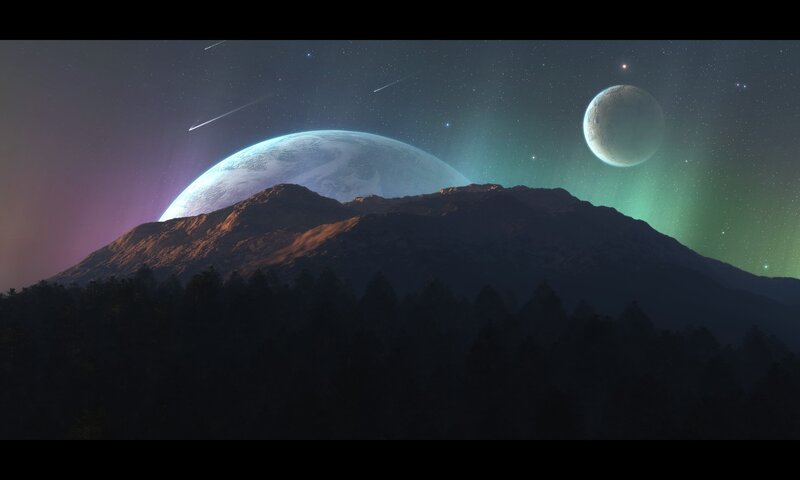 Alien Planet Landscape — Green, Dramatic, Night, Digital Art, Moon