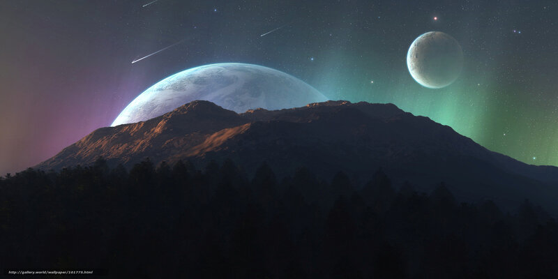 Alien Planet Landscape — Green, Dramatic, Night, Digital Art, Mountain