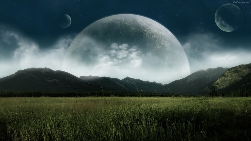 Alien Planet Landscape — Green, Dramatic, Night, Digital Art, Mountains, Grass Field, Planets, Clouds