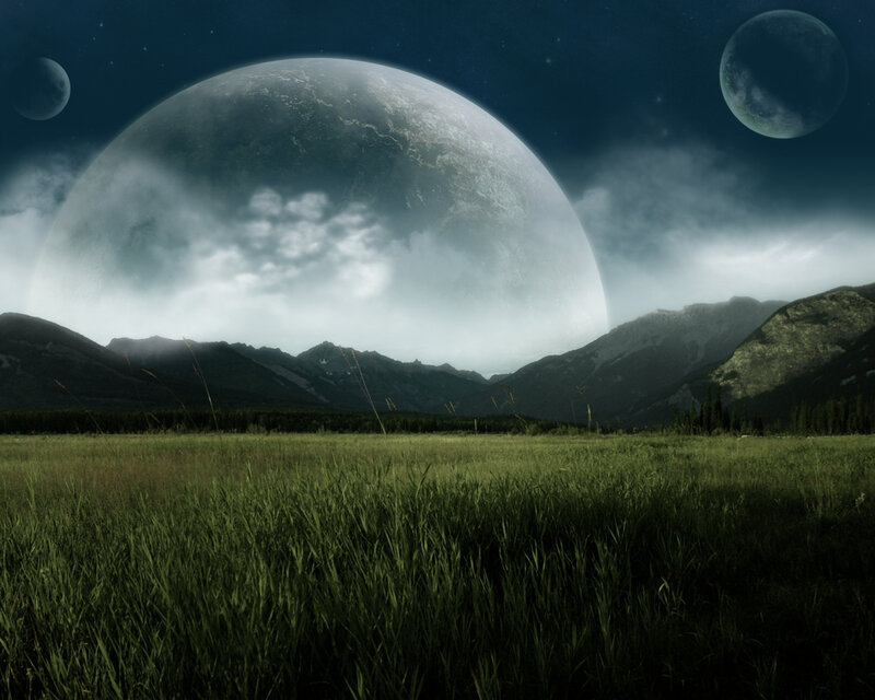Alien Planet Landscape — Green, Dramatic, Night, Digital Art, Mountains, Grass Field, Planets