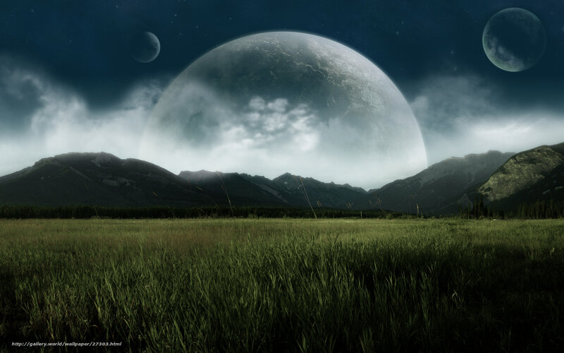Alien Planet Landscape — Green, Dramatic, Night, Digital Art, Mountains, Grass Field