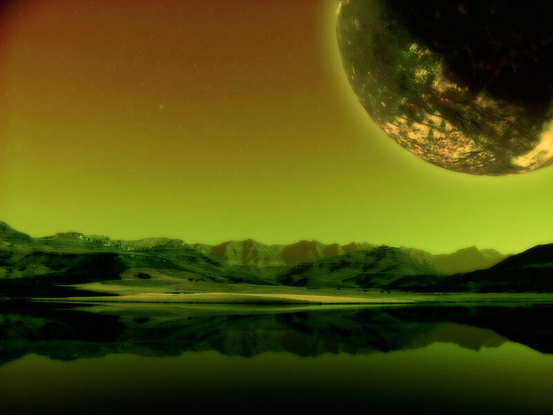 Alien Planet Landscape — Green, Dramatic, Night, Digital Art, Mountains, Lake