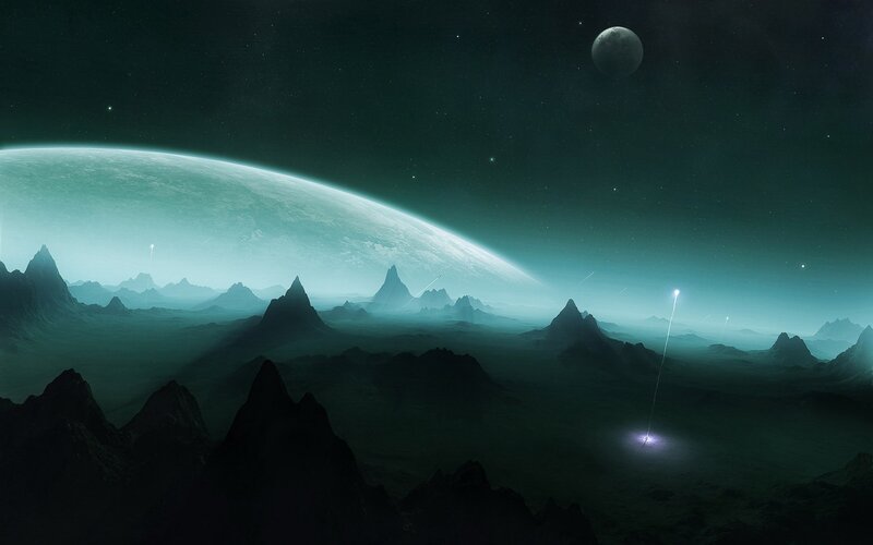 Alien Planet Landscape — Green, Dramatic, Night, Digital Art, Mountains, Moon, Stars