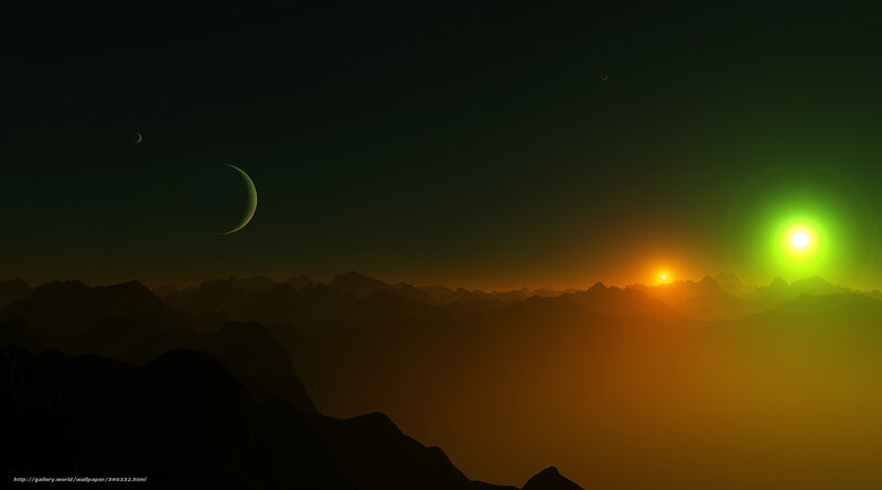 Alien Planet Landscape — Green, Dramatic, Night, Digital Art, Mountains, Planets, Stars