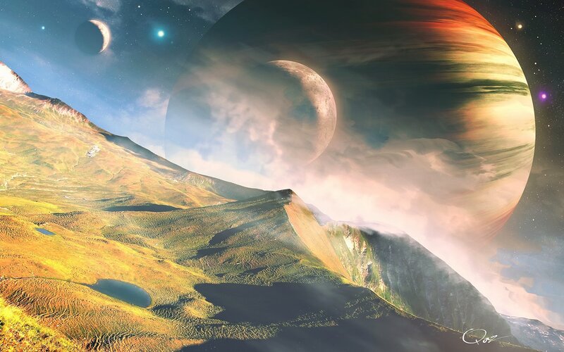 Alien Planet Landscape — Green, Dramatic, Night, Digital Art, Mountains, Planets