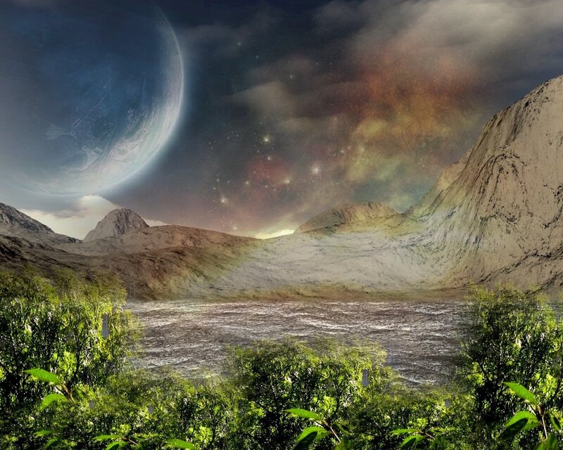 Alien Planet Landscape — Green, Dramatic, Night, Digital Art, Mountains, Sky, Brown