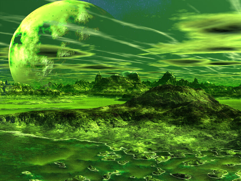 Alien Planet Landscape — Green, Dramatic, Night, Digital Art, Mountains, Sky