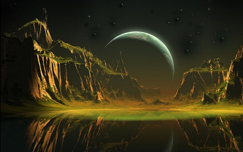 Alien Planet Landscape — Green, Dramatic, Night, Digital Art, Mountains, Stars