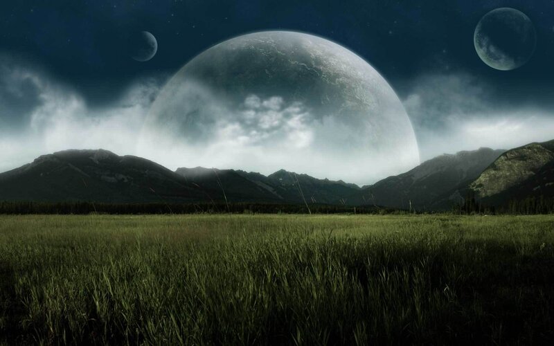 Alien Planet Landscape — Green, Dramatic, Night, Digital Art, Mountains