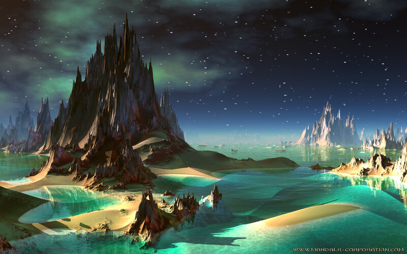 Alien Planet Landscape — Green, Dramatic, Night, Digital Art, Mountains, Water
