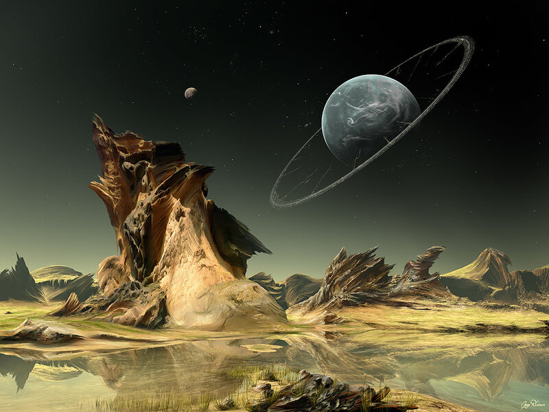 Alien Planet Landscape — Green, Dramatic, Night, Digital Art, Planet with Rings, Moon, Rock Formations, Brown