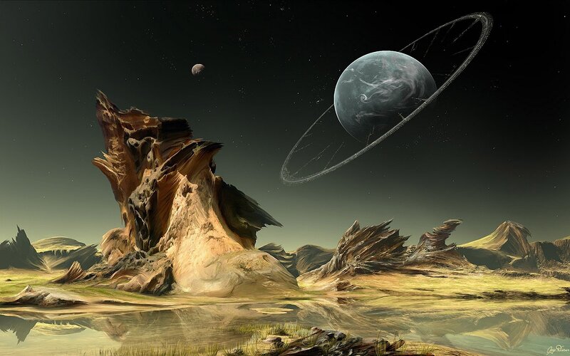Alien Planet Landscape — Green, Dramatic, Night, Digital Art, Planet with Rings, Moon