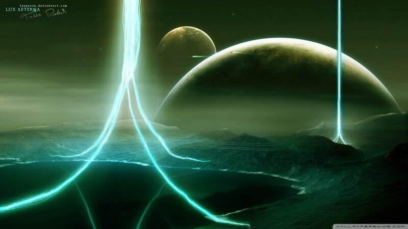Alien Planet Landscape — Green, Dramatic, Night, Digital Art, Planets, Light Beams
