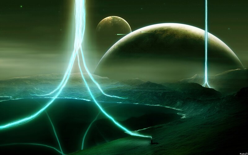 Alien Planet Landscape — Green, Dramatic, Night, Digital Art, Planets, Lightning, Mountains