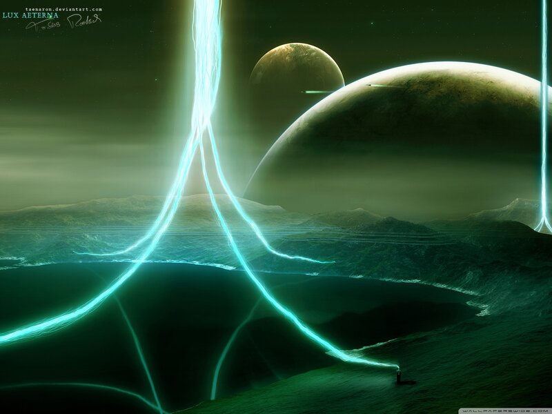 Alien Planet Landscape — Green, Dramatic, Night, Digital Art, Planets, Lightning