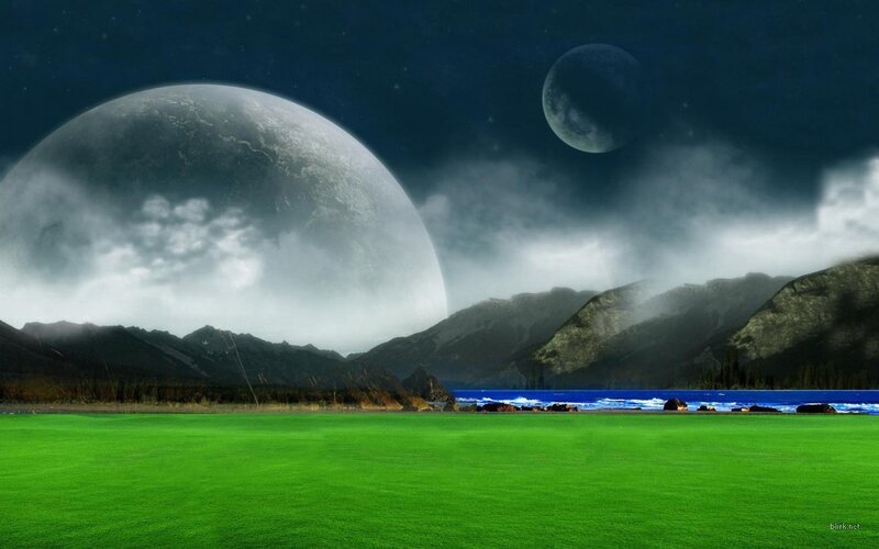 Alien Planet Landscape — Green, Dramatic, Night, Digital Art, Planets, Mountains, Lake, Grass, Blue