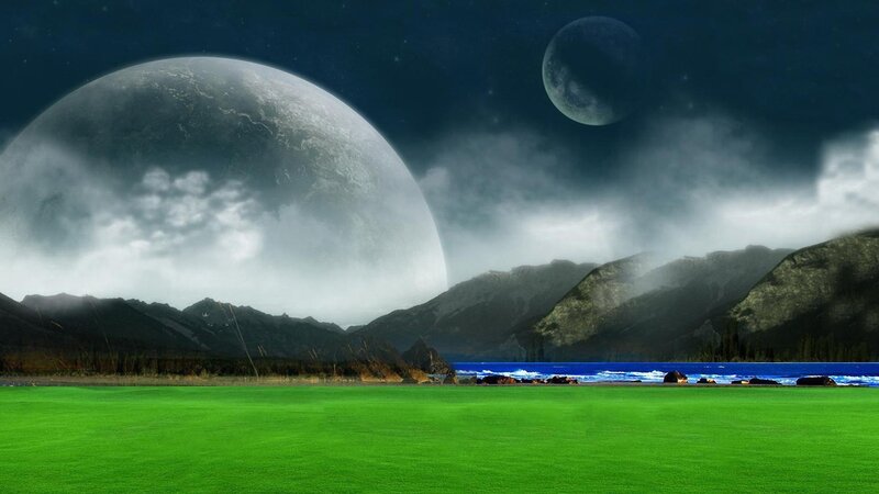 Alien Planet Landscape — Green, Dramatic, Night, Digital Art, Planets, Mountains, Lake, Grass