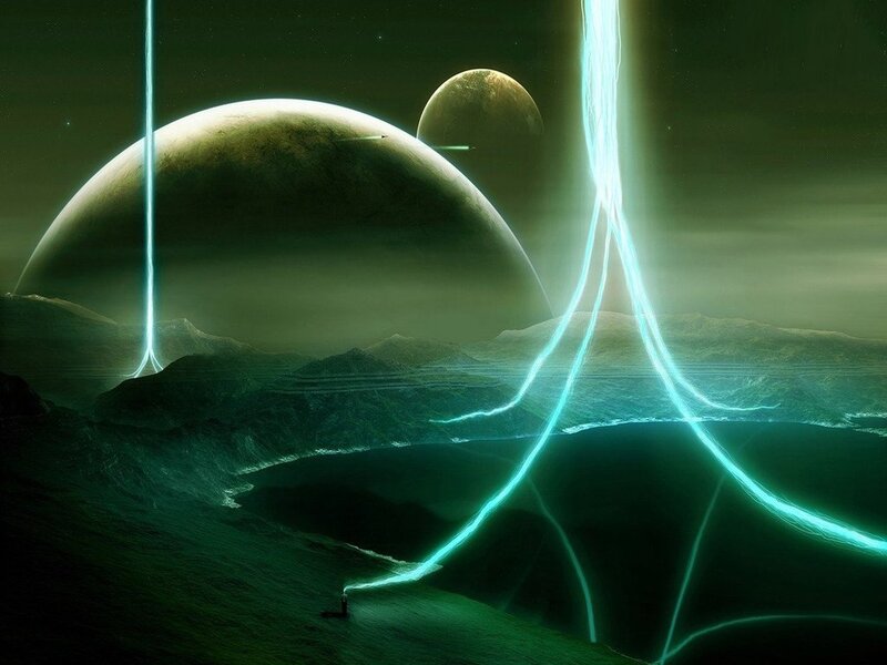Alien Planet Landscape — Green, Dramatic, Night, Digital Art, Planets, Mountains