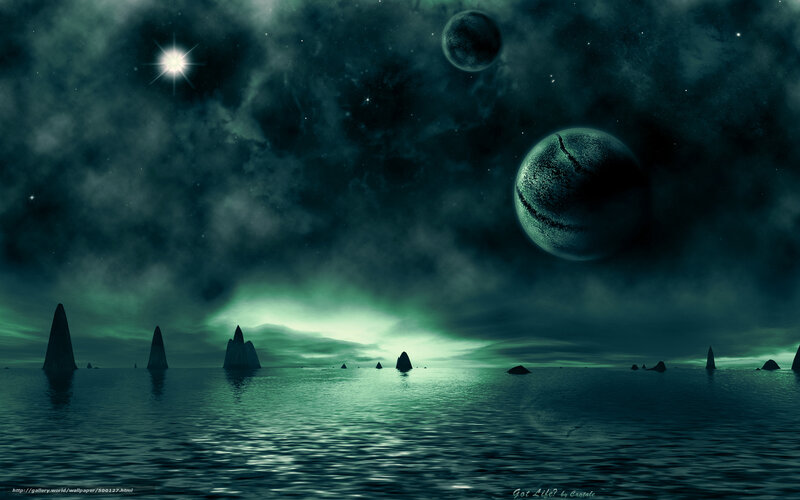 Alien Planet Landscape — Green, Dramatic, Night, Digital Art, Planets, Stars, Ocean