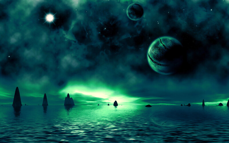 Alien Planet Landscape — Green, Dramatic, Night, Digital Art, Planets, Stars