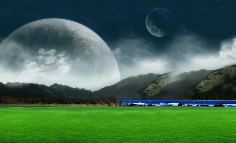 Alien Planet Landscape — Green, Dramatic, Night, Digital Art, Planets