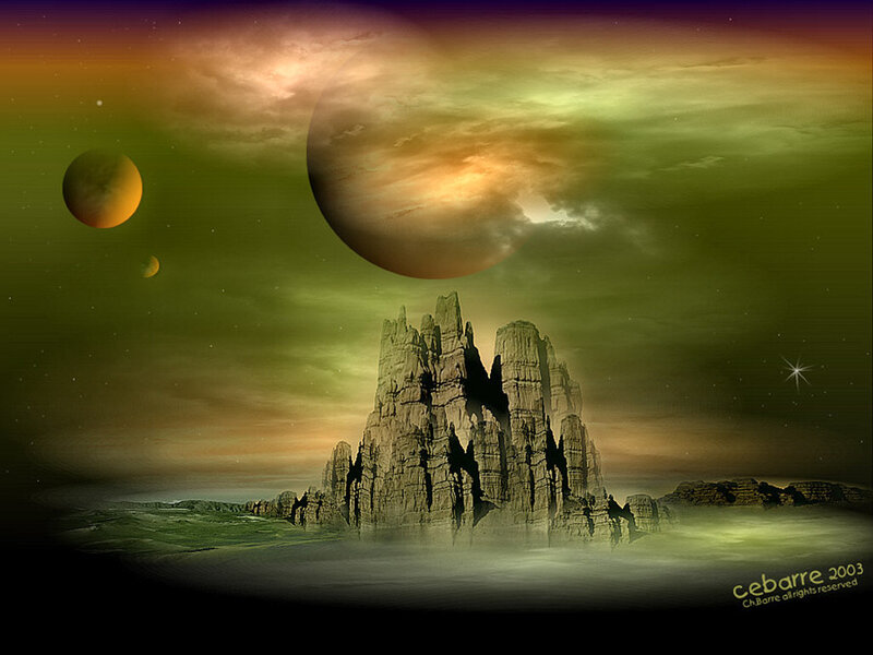 Alien Planet Landscape — Green, Dramatic, Night, Digital Art, Rock Formations