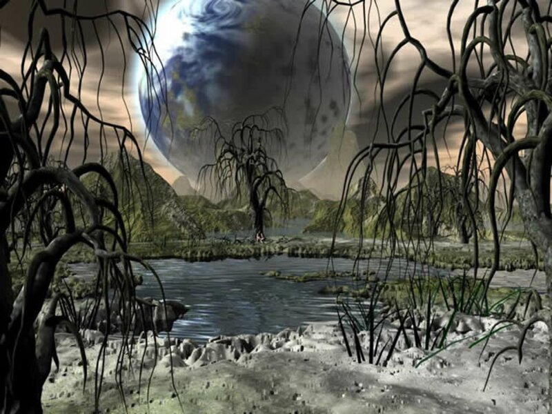 Alien Planet Landscape — Green, Dramatic, Night, Digital Art, Tree