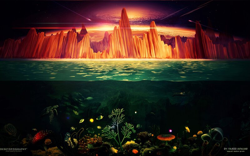 Alien Planet Landscape — Green, Dramatic, Night, Digital Art, Underwater Scene